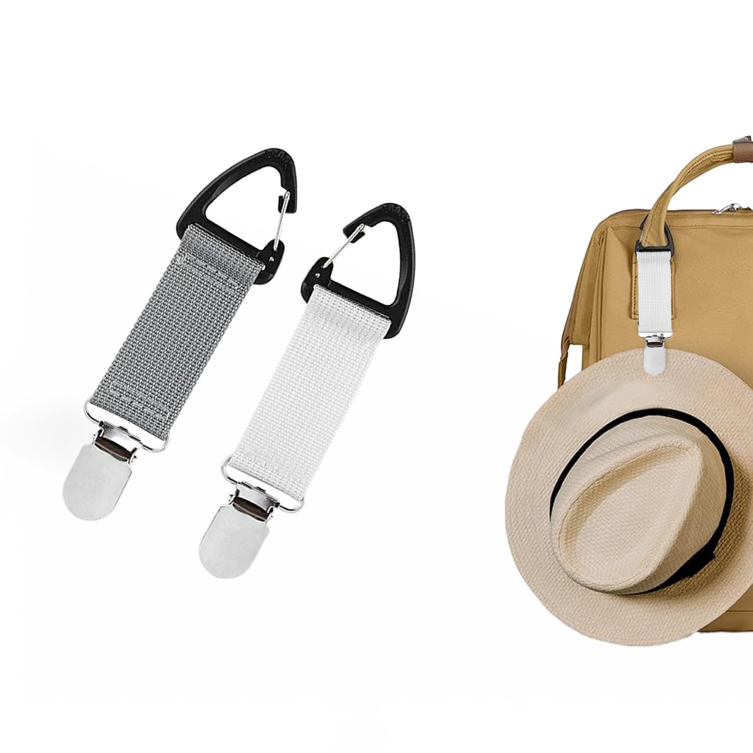 GOEDEKE 2Pcs Hat Clips for Travel on Bag, Hat Bag Clip for Traveling Bags Backpacks Purses Luggage Outdoor Travel Accessory (Gray&white)