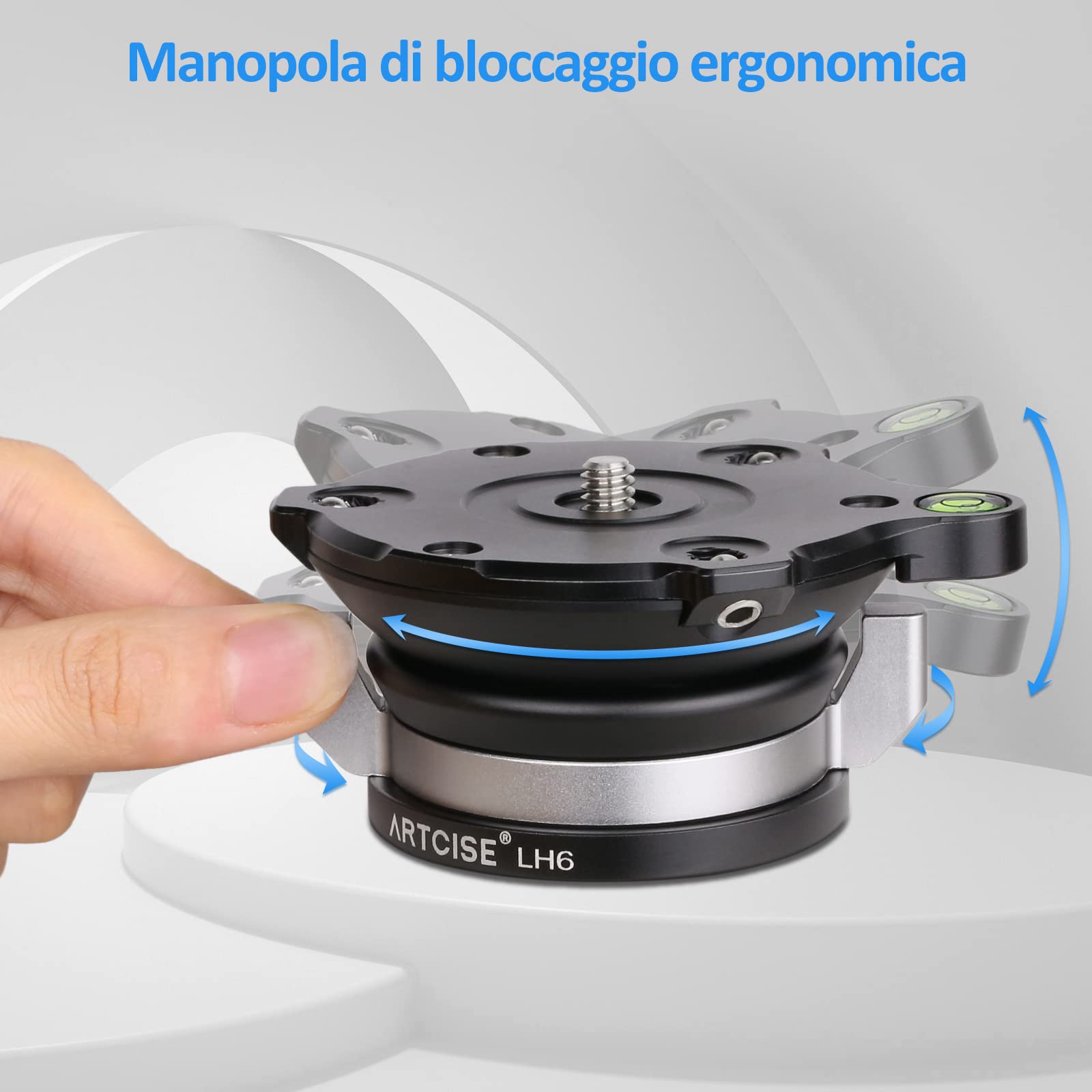 ARTCISE LH6 base di livellamento, manopola di bloccaggio ergonomica +/-15° inclinazione orizzontale regolazione testa del treppiede per Canon Nikon Sony fotocamera DSLR, carico massimo 20kg