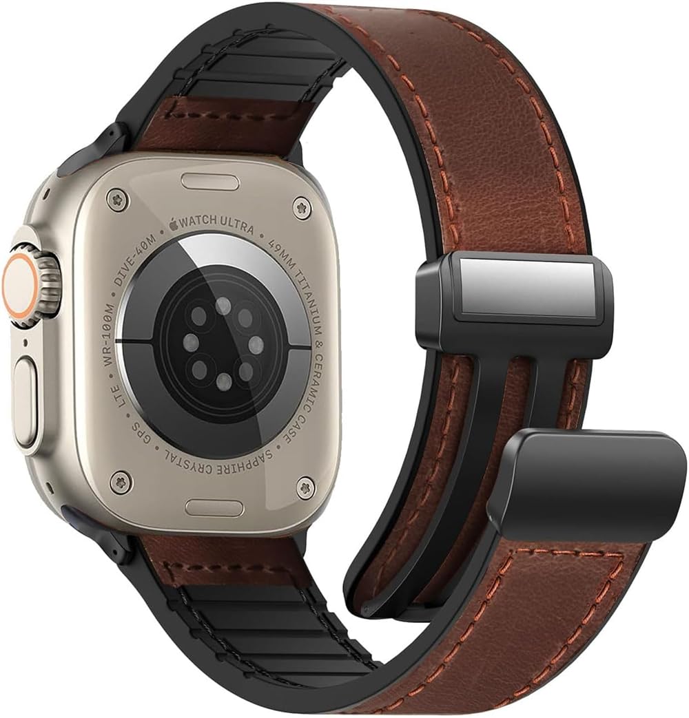 YARDHOBI Magnetic Leather Watch Band Compatible with Apple Watch Band 49mm 45mm 44mm 42mm, Genuine Leather with Magnetic Buckle Strap Compatible with Apple Watch Ultra/2 10/9/8/7/6/5/4/3/2/1 (Brown)