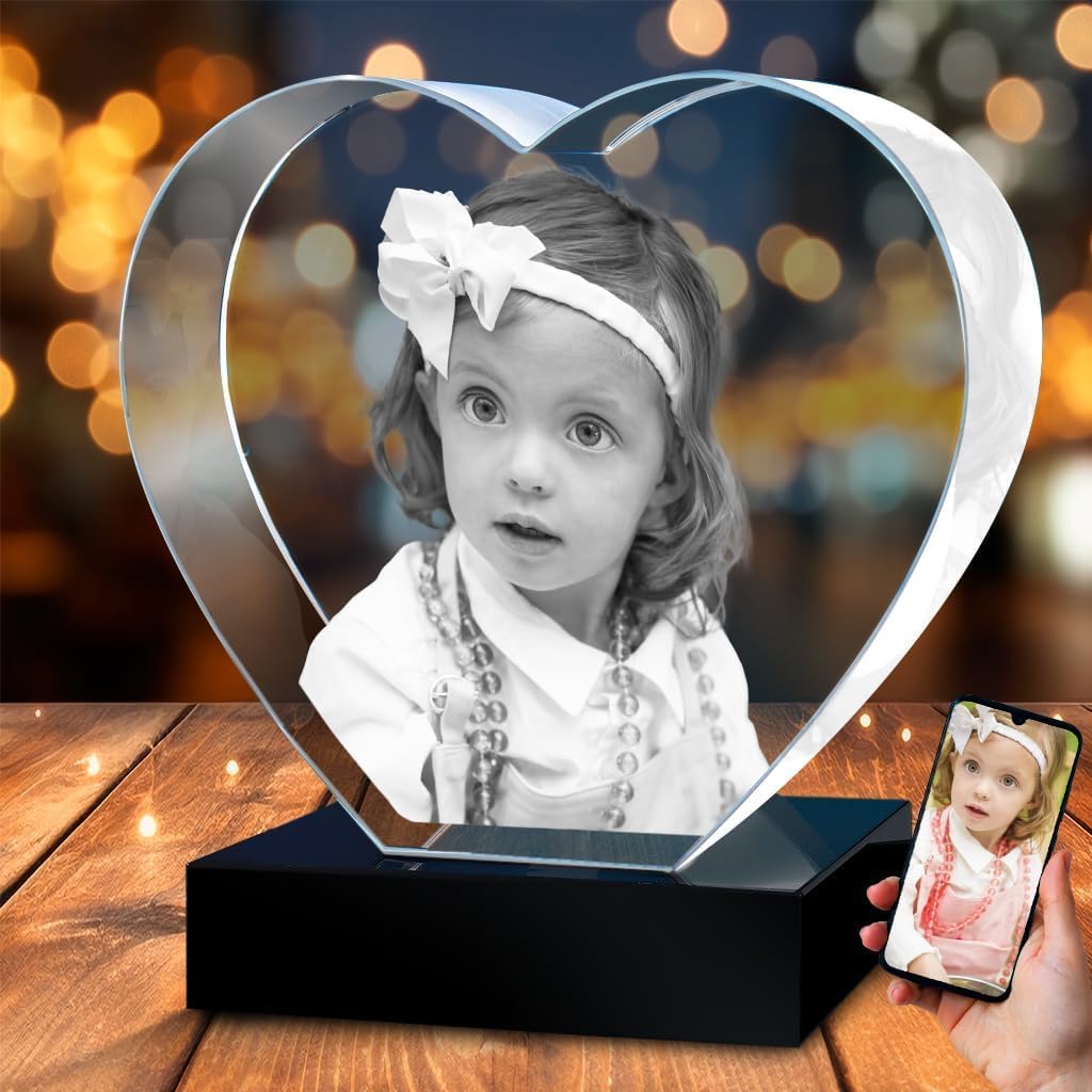 3D Crystal Photo, Personalized Gifts for Women, Wife, Men, Her, Him, Great Custom Gift With Your Own Photo, Customized Glass 3D Laser Etched Picture Wedding - Heart