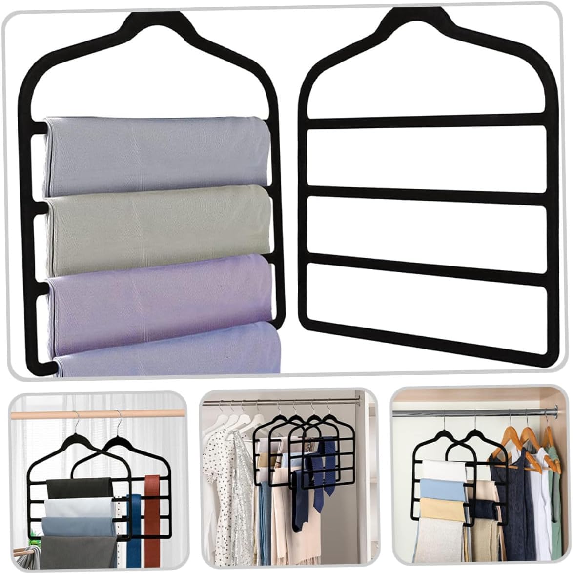 VILLCASE 5pcs Multi-Layer Pants Hangers Space-Saving Closet Organizer for Trousers Scarves and Ties Black Non-deformable Wardrobe Storage Rack