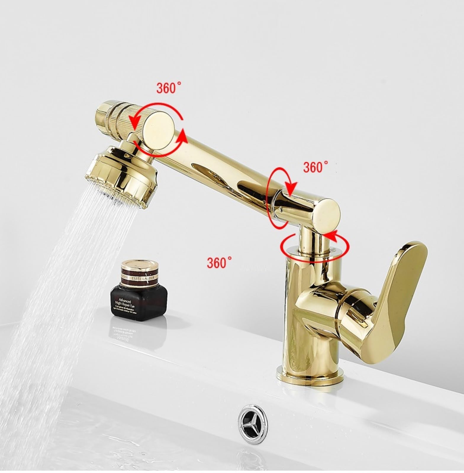 Grifo Giratorio para Lavabo, de Cobre Macizo, para Agua fría y Caliente, para encimera de baño, diseño Elevado para Uso doméstico, Elegante Acabado en Oro Blanco.