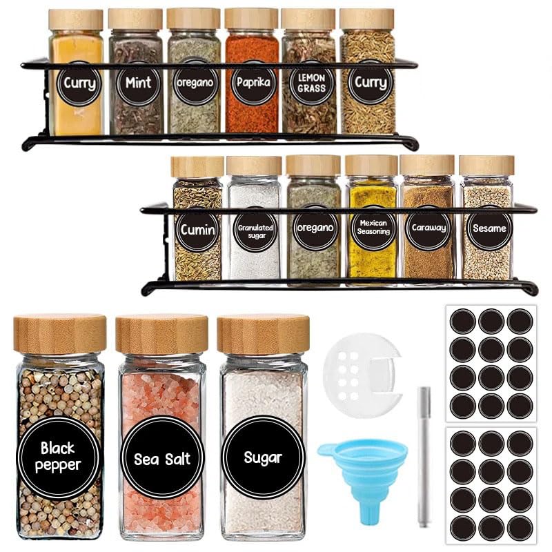 Bamboo Spice Jars With Lids Set | 12 Pack of 4 Ounce Glass Jars with Sticker Labels, Marker, and Funnel | Empty Spice Containers