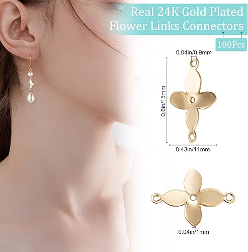 Miniatura 2 de Beebeecraft 1 caja de 100 dijes de conector de flores, chapados en oro de 24 quilates, 4 pétalos, eslabones de flores, brazalete, collar para