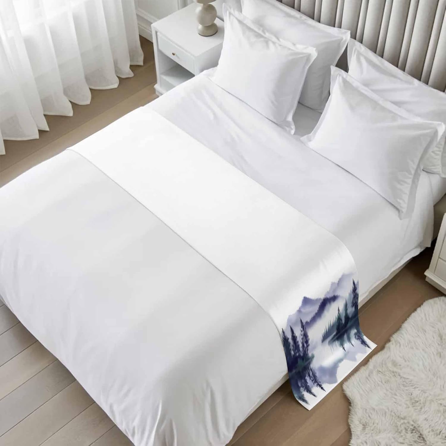 Purple Ombre Forest Bed Runner Cal King Size, Modern Landscape Abstract Art Bed Scarf Protector Slipcover for Bedroom Wedding Room Hotel, Bedding Runner Throws for Foot of Beds 102"x20"