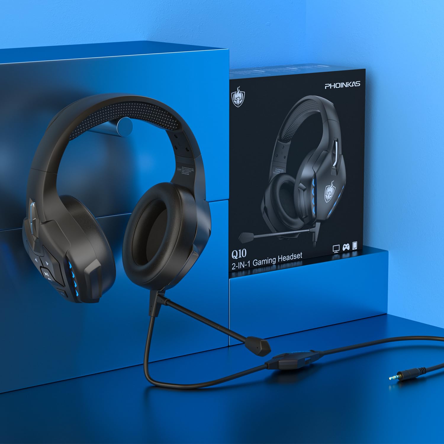PHOINIKAS Gaming-Headset mit Abnehmbarem Mikrofon mit Geräuschunterdrückung, Bluetooth nur für Mobiltelefone, 3,5-mm-Audiokabel für PS4/PS5/Xbox One/PC/Switch, 40 Stunden Akkulaufzeit, LED-Licht