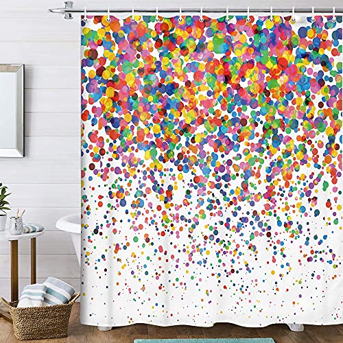 Colorful Shower Curtain, Geometric Confetti Falling Colorful Rainbow Polka Dot Shower Curtain For Bathroom, Wedding Festival Party Decor Bath Curtains, Kids Bathroom Accessories 12Pcs Hooks, 70X70In #TOP28