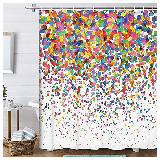 Colorful Shower Curtain, Geometric Confetti Falling Colorful Rainbow Polka Dot Shower Curtain for Bathroom, Wedding Festival Party Decor Bath Curtains, Kids Bathroom Accessories 12PCS Hooks, 70X70IN