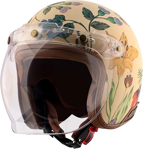Axor Retro Jet Ibiza ISI Certified Lightweight Open Face Matt Finish Floral Helmet for Women with Clear Bubble Visor Beige(S)
