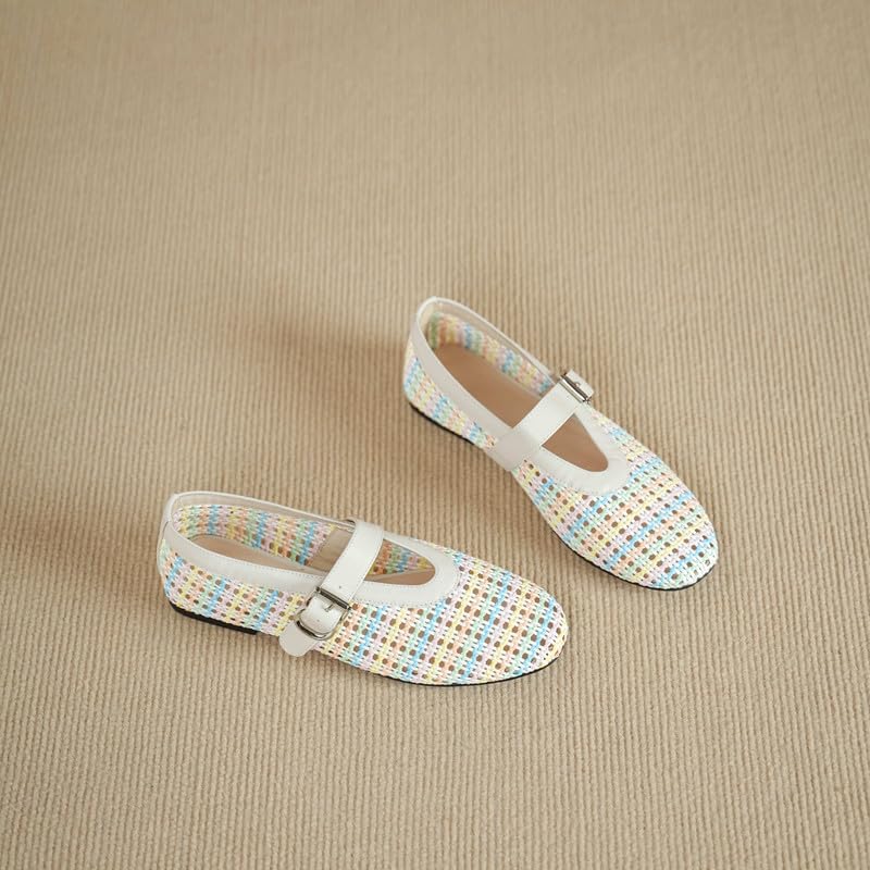 Woven Ballet Flats for Women Round Toe Mary Jane Shoes with Metal Buckle Strap Casual Ballerina Flats Shoes3