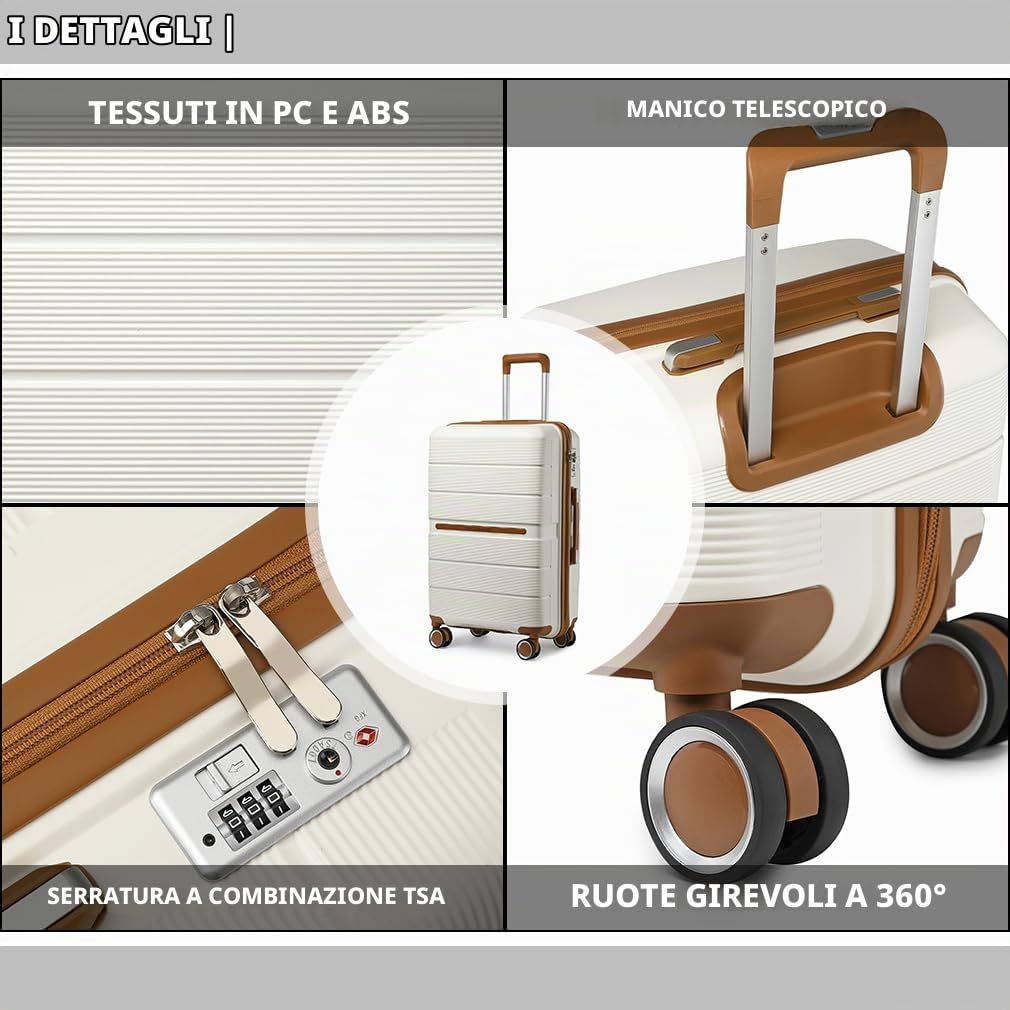 British Traveller Bagaglio a Mano 56x37x22 cm Valigia Trolley Rigida 4 Ruote, Bianco