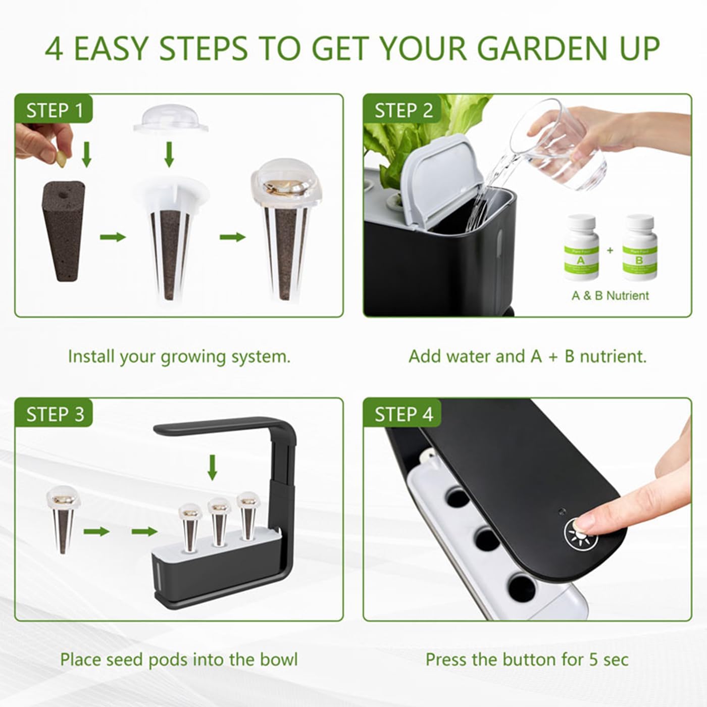 Kit de Cultivo Hidropónico, Jardín de Hierbas Interior con Temporizador de 10H, 3 Cápsulas de Plantas con Riego Automático Por Circulación, Tanque de 1,6L, Lámpara Led, Nivel de Agua Transparen black