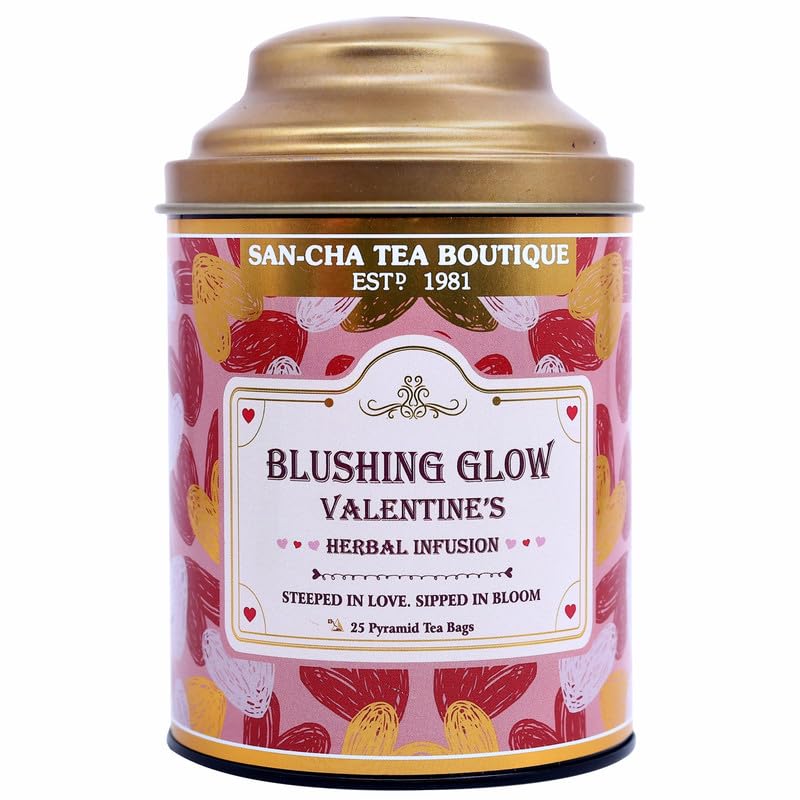 Image of Sancha Tea Boutique | Blushing Glow - Valentine's Herbal Tea | Rose, Hibiscus & Eucalyptus | 100% Caffeine-Free Floral Tisane | 25 Pyramid Bags