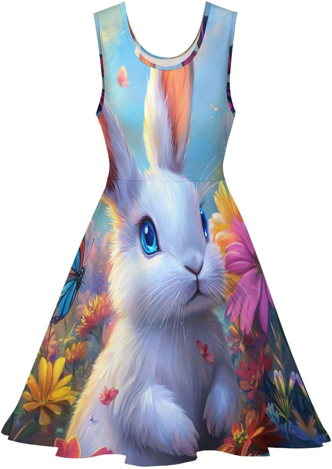 Cute Bunny Flowers Women's Dresses Round Neck Dress Sleeveless Tank Dress Ruffle Hem Sundress