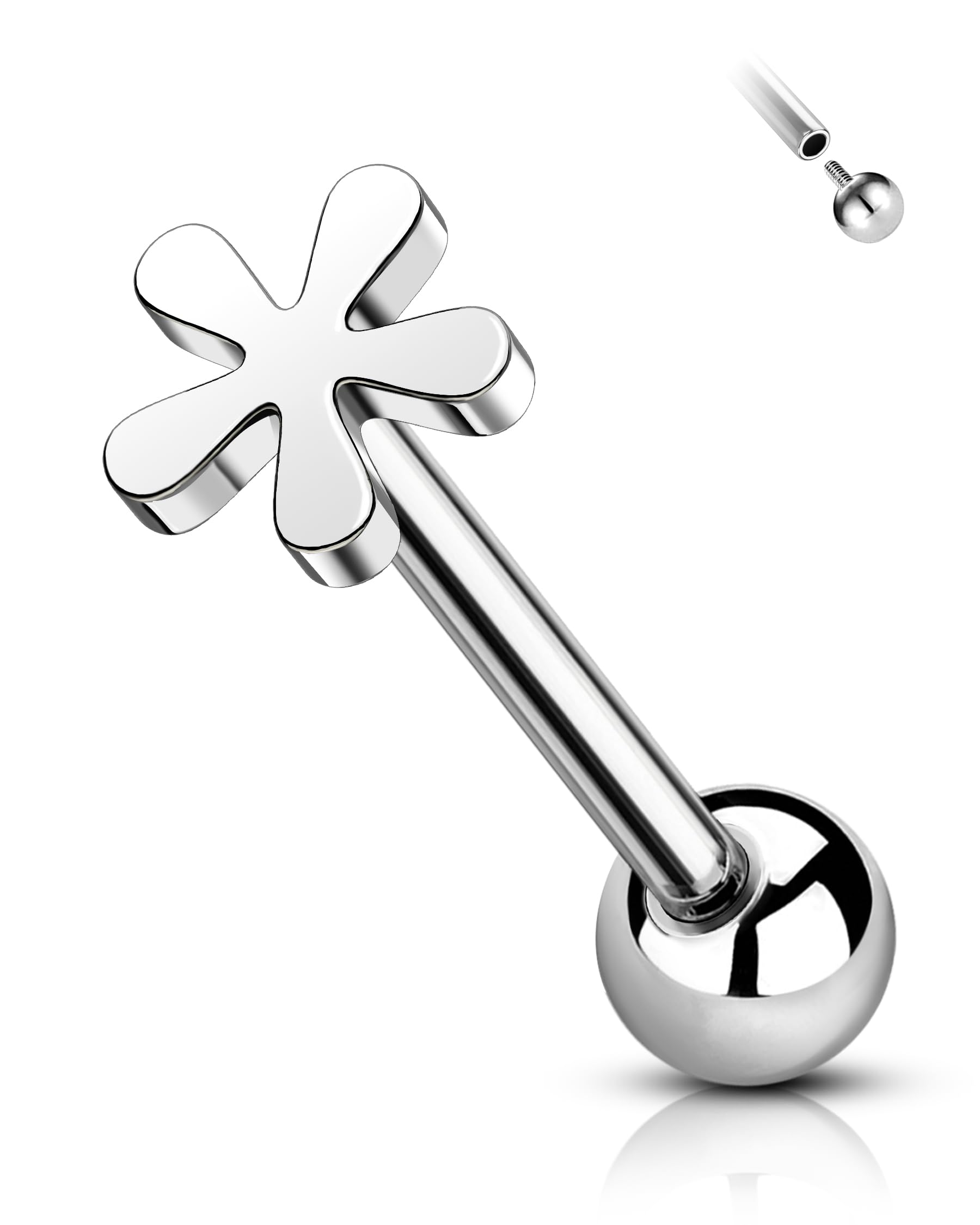 COCHARM G23 Titanium Tongue Rings 14g Comfort Flower Tongue Ring for Women Surgical Steel Tongue Piercing Jewelry Long Nickel Free Tongue Bar 16mm