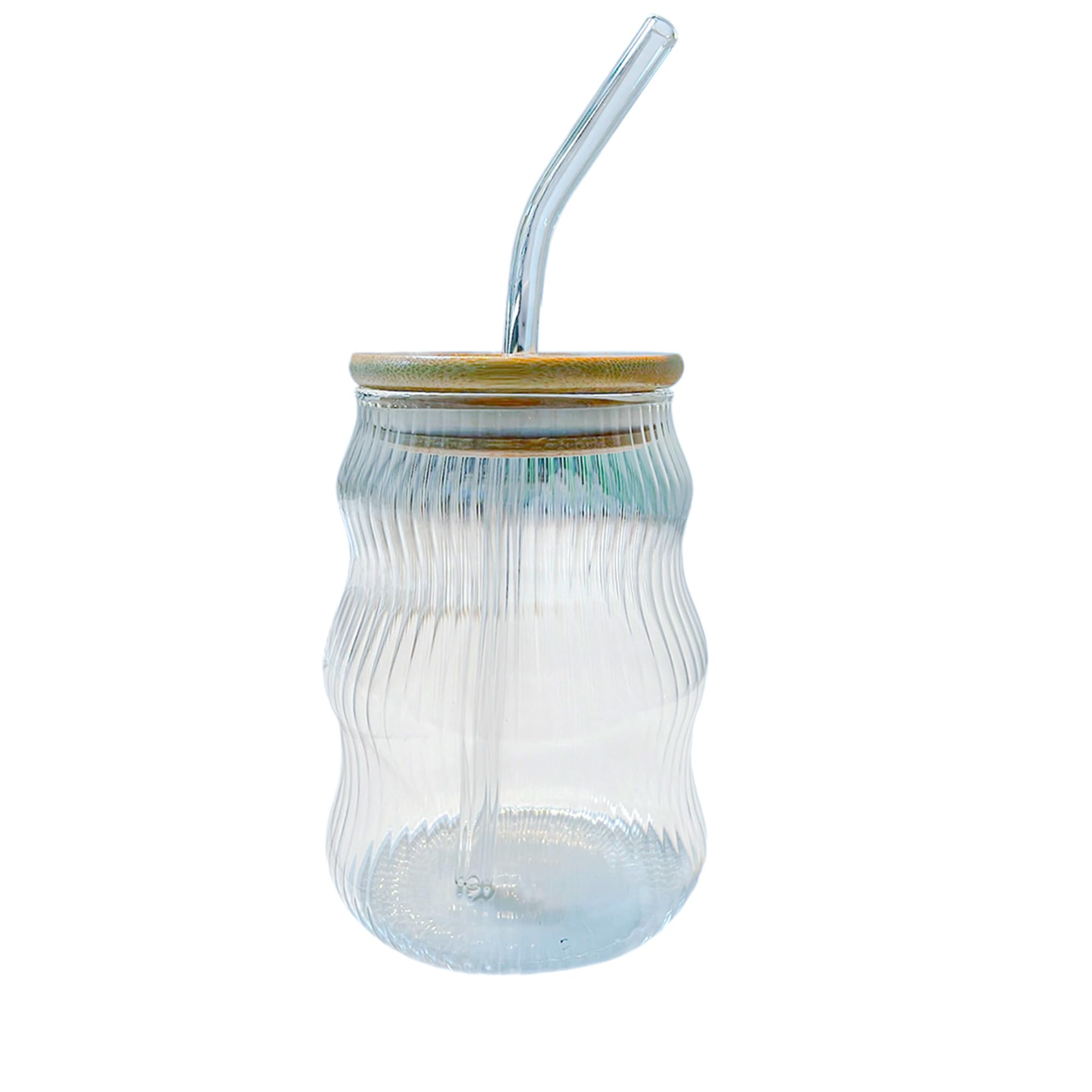 renovon 500ml Bambu Kapaklı Cam Bardak, Cam Pipetli Silikon Kapak Contalı İnce Çizgi Desenli Sıcak Soğuk İçecekler için Kahve Meyve Suları ve Çayları için Ergonomik Şık Tasarım