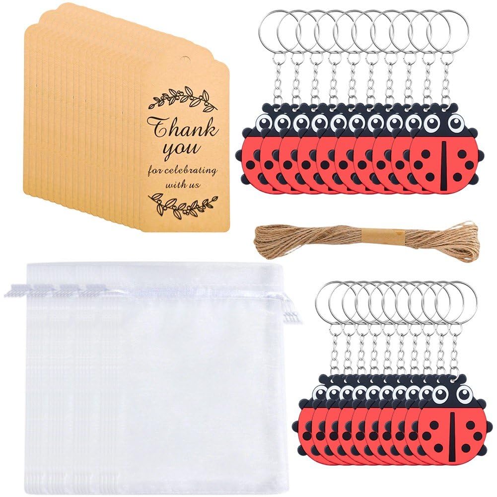 Confezione 20 Bomboniere a Tema Coccinella, Include 20 Portachiavi, 20 Etichette E 20 Sacchetti Regalo per Feste a Tema Coccinella, Baby Shower, Compleanni, Riempitivi per Sacchetti Regalo
