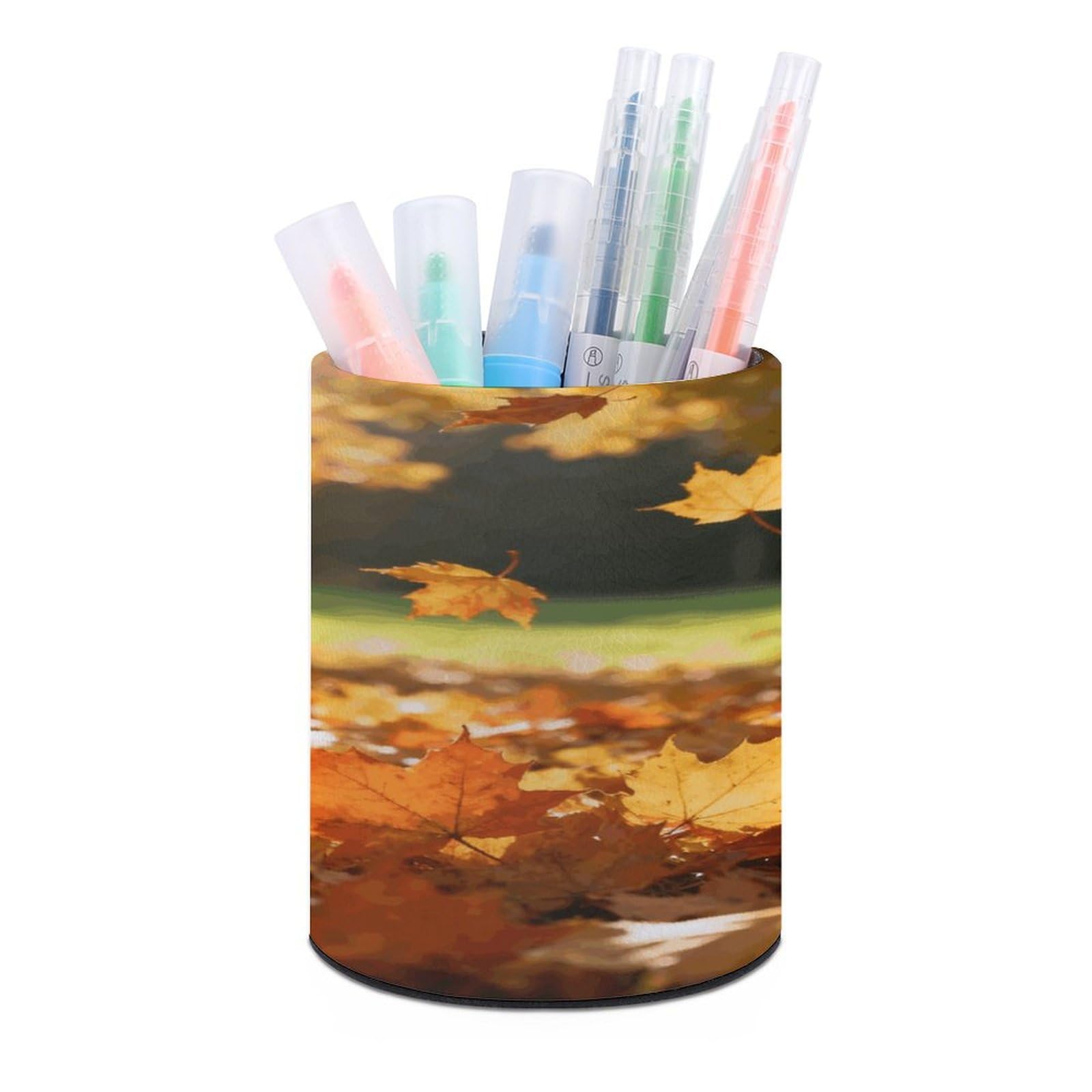 Autumn Leaves Pen Holder Multi-Functional Round Pencil Holder Cute Office Decoration Pen Cups Simple Design PU Leather Paintbrush Cups for Home Office Desk