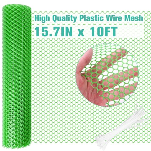 Image of Plastic Mesh Fence Sheet 15.7IN x 10FT - 0.3IN Opening Plastic Chicken Wire Netting Roll Durable for Dogs, Poultry, Puppy, Garden Snake Barrier with 50 Pcs Zip Ties - Green