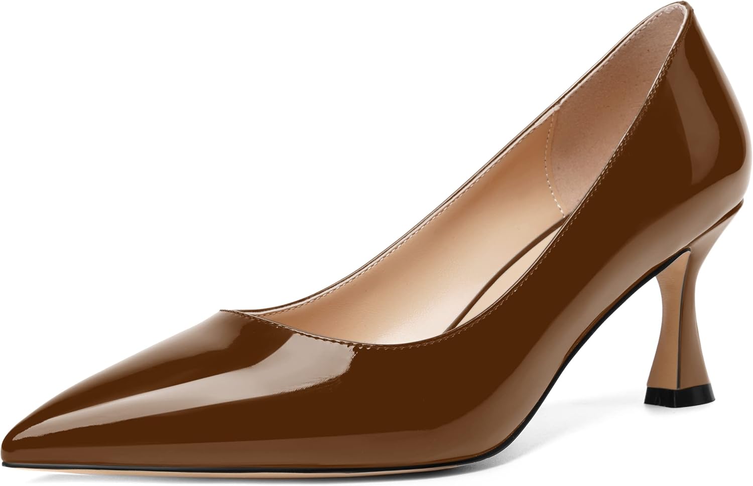 AMBELIGHT Women's Solid Slip On Mid Heel Pointed Toe 2.5 Inch Dress Patent Office Stiletto Pumps Shoes Brown Size 8 - Tacon Alto de Mujer