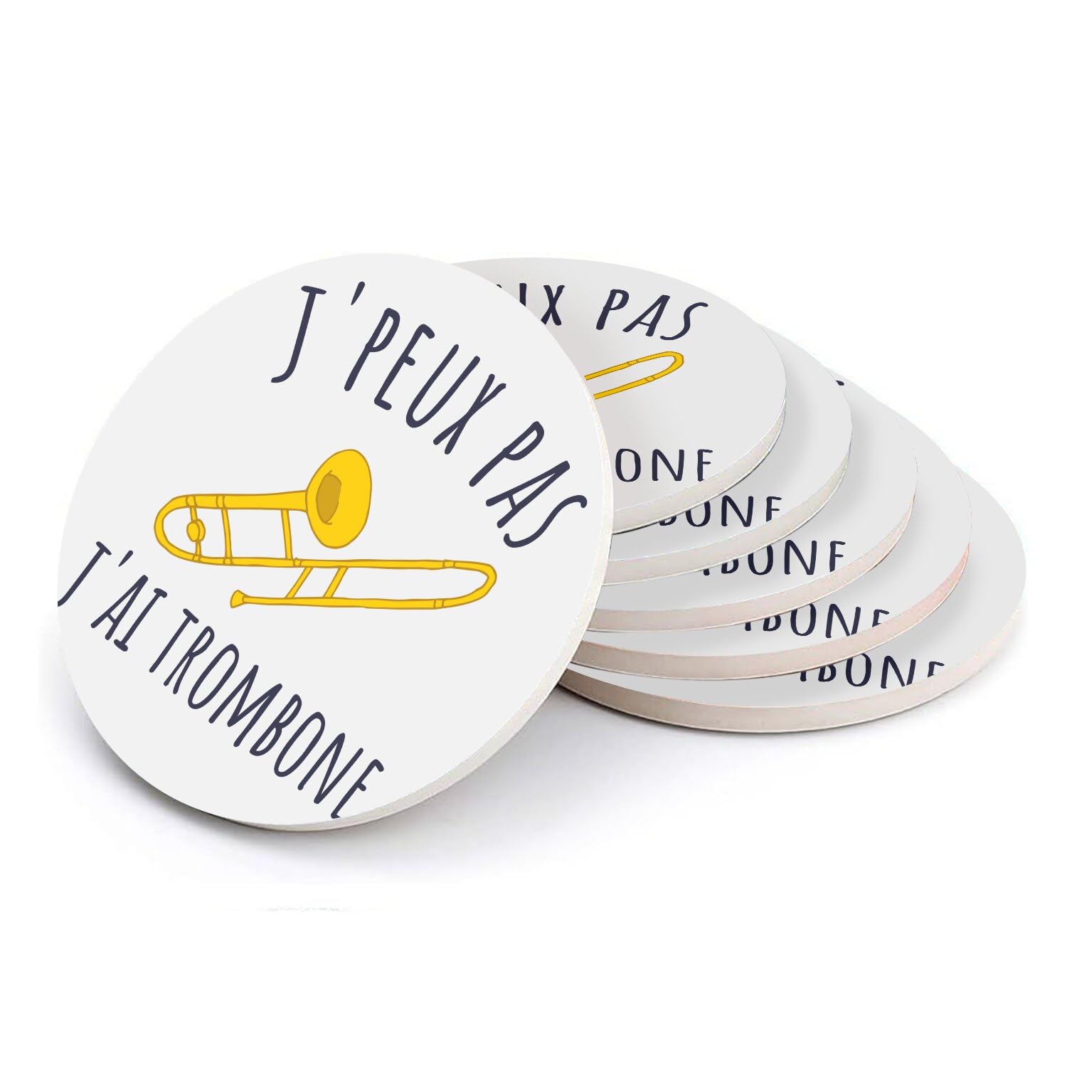Sous-verre rond en céramique J'peux pas j'ai trombone musique lot de 6
