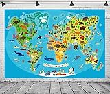Loccor 5x3ft Fabric Animal World Map Backdrop World Travel Map Colorful Background Kids Nursery Educational Preschool Classroom Poster Cartoon Tapestry Birthday Party Decorations Online Teaching Props
