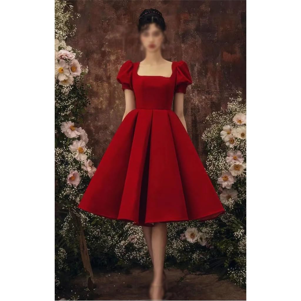 Amazon.com: YMGSCC Burgundy Elegant Dress Female Solid Color Square Collar  Nail Bead Short Sleeve Medium Long A-line Dress(X-Large) : Clothing, Shoes  & Jewelry