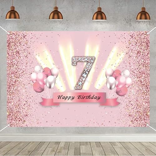Miniatura 1 de Decoraciones de feliz cumpleaños 7 para niñas, pancarta de fondo, decoración de fiesta, póster de tela de aniversario, fondo de foto rosa,