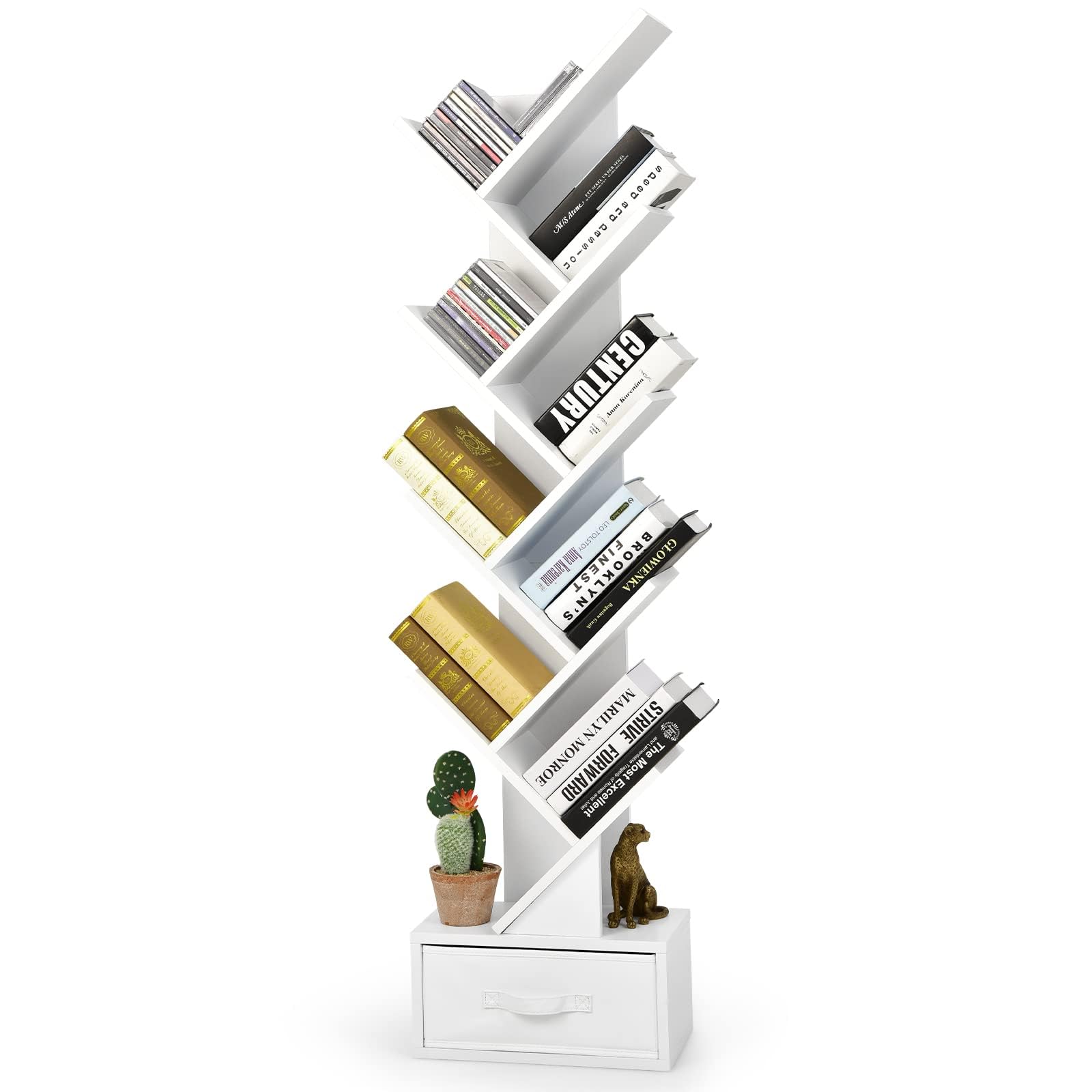 FANTASK Estantería con cajón de 8 Niveles con Forma de árbol, estantería para CD y DVD, para Dormitorio, Sala de Estar y Oficina en casa, 38 x 21,5 x 149,5 cm (Blanco)