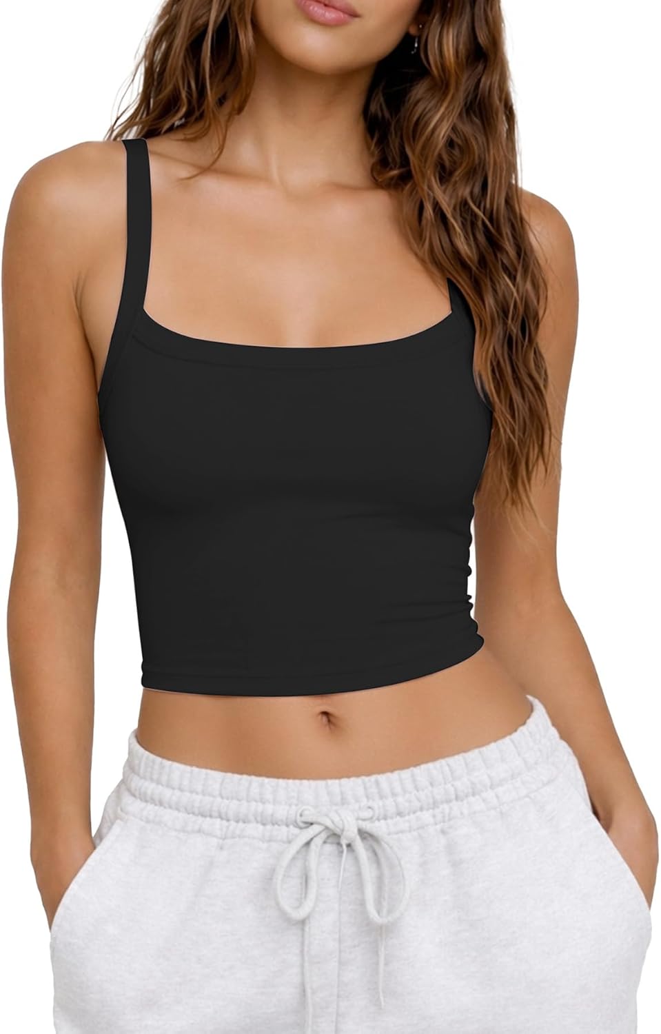 CHYRII Womens Tank Tops with Built in Bras Square Neck Cropped Sleeveless Summer Going Out Basic Camisole Tops