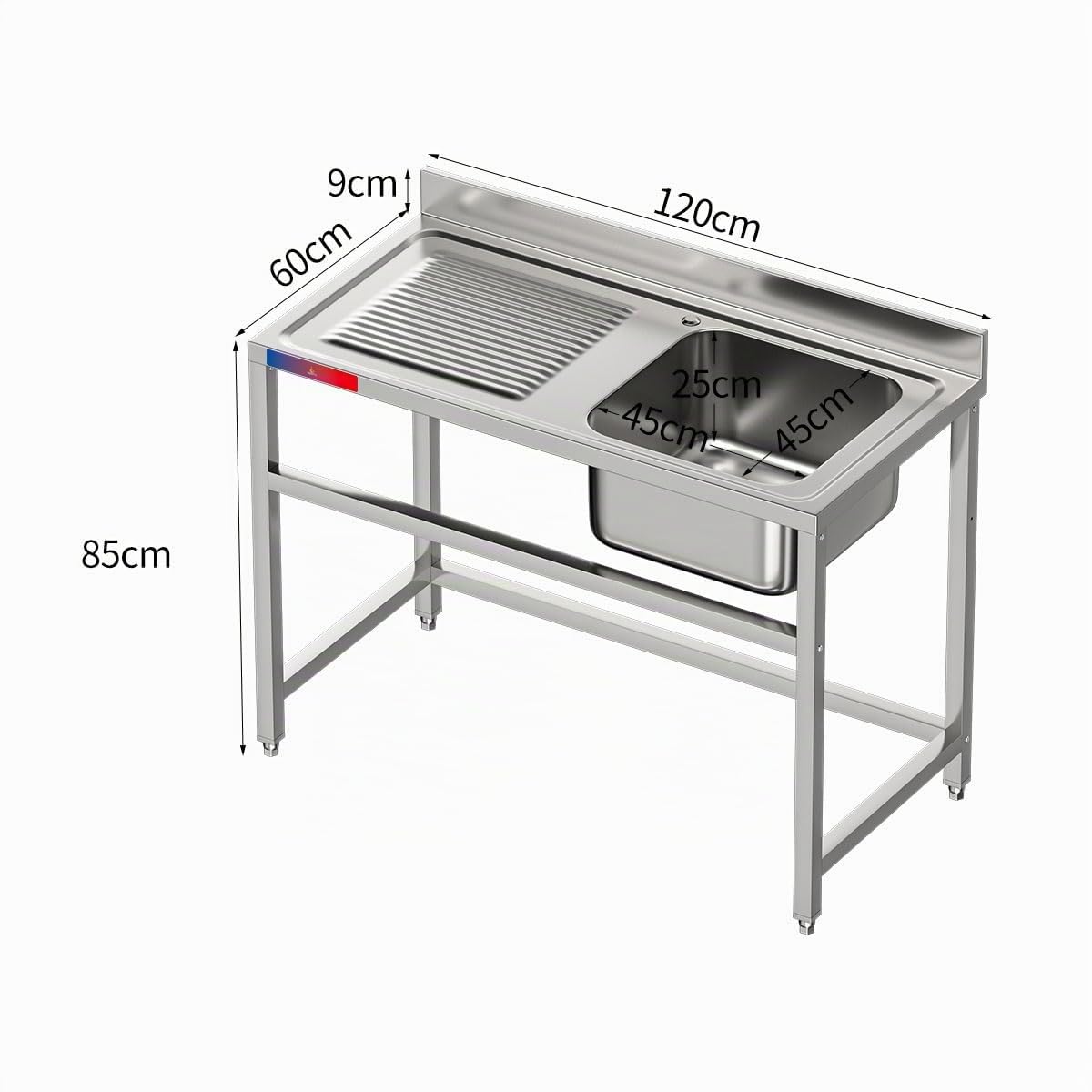 Fregadero Industrial Acero Inoxidable | 1 Seno con Escurridor | 1200x600x850mm | Barra de Refuerzo, Peto Sanitario y Patas Regulables, Ideal Hostelería, Bares y Cocinas Profesionales