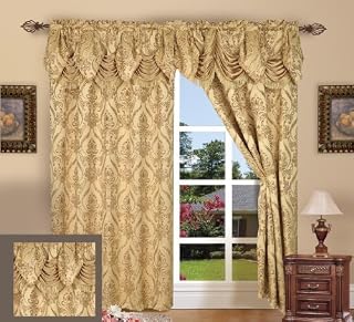 Elegance Linen® Beautiful Design Jacquard Look Curtain Panels 54" X 84" +18 with Attached Austrian Valance, Gold