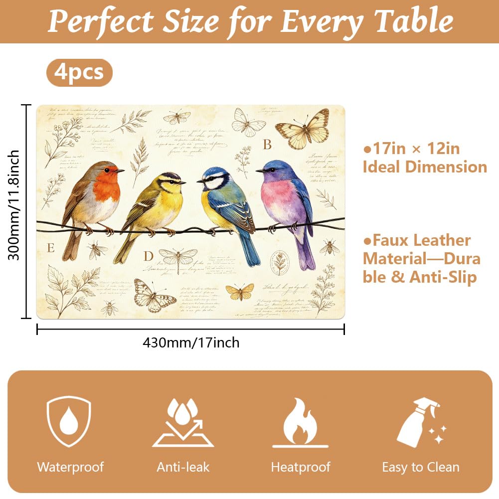 Peacoblue 4er Set Platzsets,Kunstleder Vintage-Vogel | Wasserfeste Tischsets 30x43cm, Hitzebeständige abwischbare Unterlagen für Küche, Esszimmer, Innen und Außenbereich
