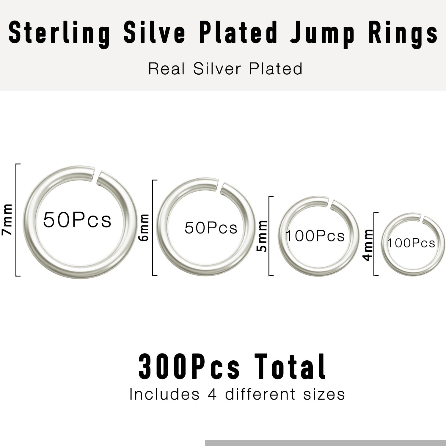 300PCs Silver Jump Rings for Jewelry Making, 4mm 5mm 6mm 7mm, Earring Bracelet Necklace Finding & Supplies (Sterling Silver Plated) - Image 2