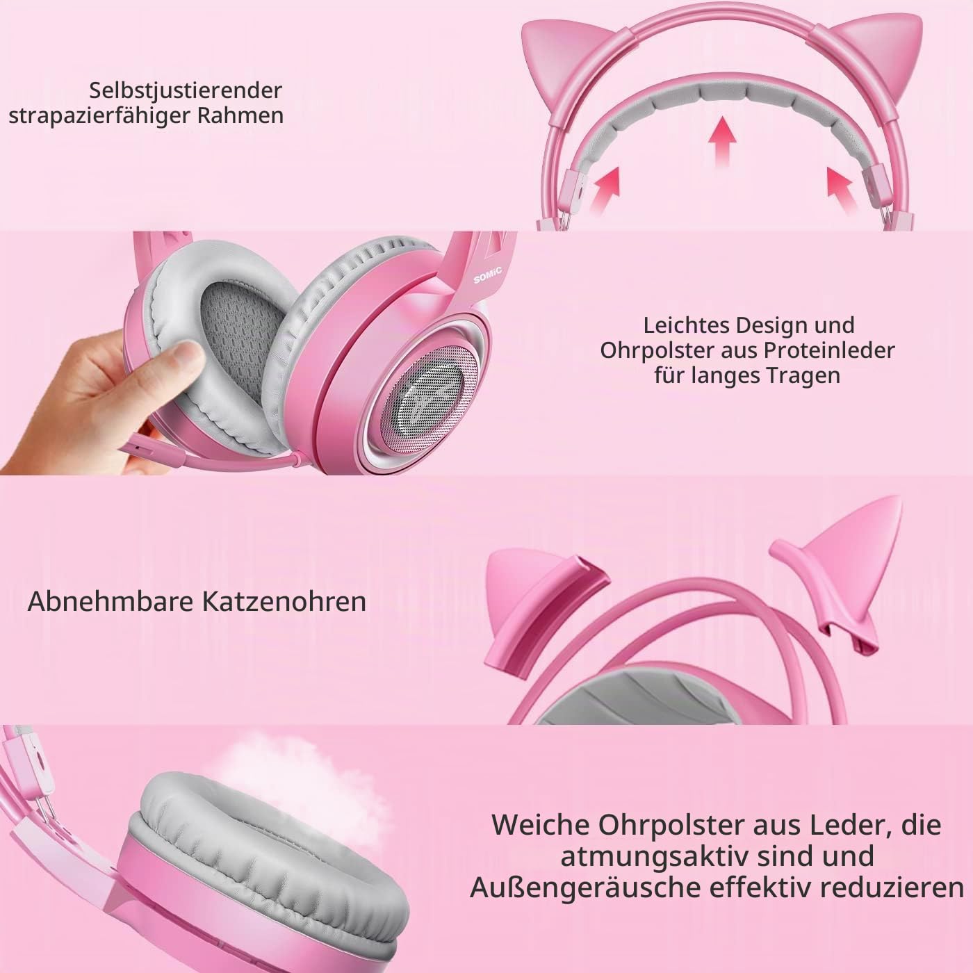 Somic G951rosa Rose Kat Gaming Headset Kopfhörer mit Virtuell 7.1 Klingen und LED Licht, Mikrofon für Computer, PS4, Laptop an Freundin, Frau (USB Stecker) USB-Buchse Rose