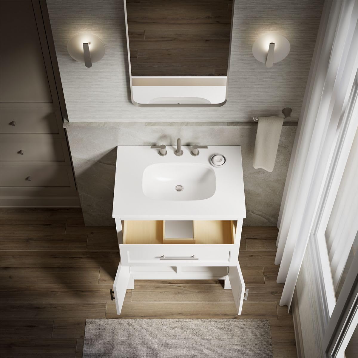 Kohler Quo 30 Inch Bathroom Vanity Cabinet with White Sink and Quartz Top, Modern Bathroom Storage, White, K-28380-ASB-0