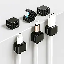 Pacote com 6 organizadores de cabos magnéticos extra fortes – clipes magnéticos de cabo com adesivo para mesa, carro e casa, suporte de cabo universal para carregadores, cabos USB e HDMI - preto