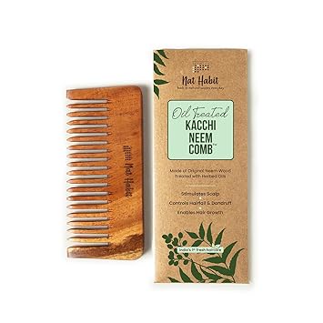 Nat Habit Kacchi Neem Wooden Shampoo Comb, Soaked In 13 Herbs, Neem & Sesame Oil - For Post Shampoo Detangling Suited For Long & Thick Hair (Wide Tooth- Small Size) Pack of 1 - image, photos