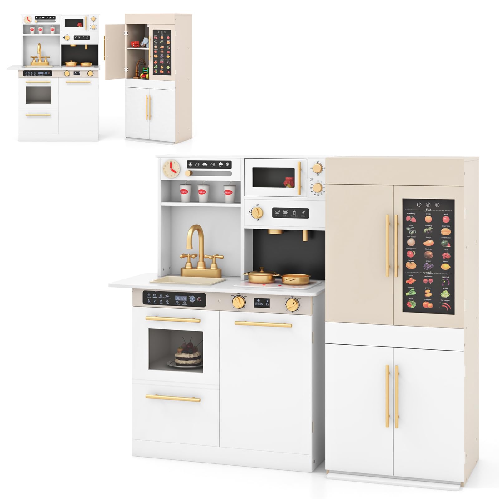 COSTWAY Kids Wooden Kitchen, 2-Piece Modular Pretend Play Kitchen and Refrigerator with Light, Sound, Talking Wall Chart, Coffee Machine, Microwave & Stove, Children Chef Role Playset for Boys Girls