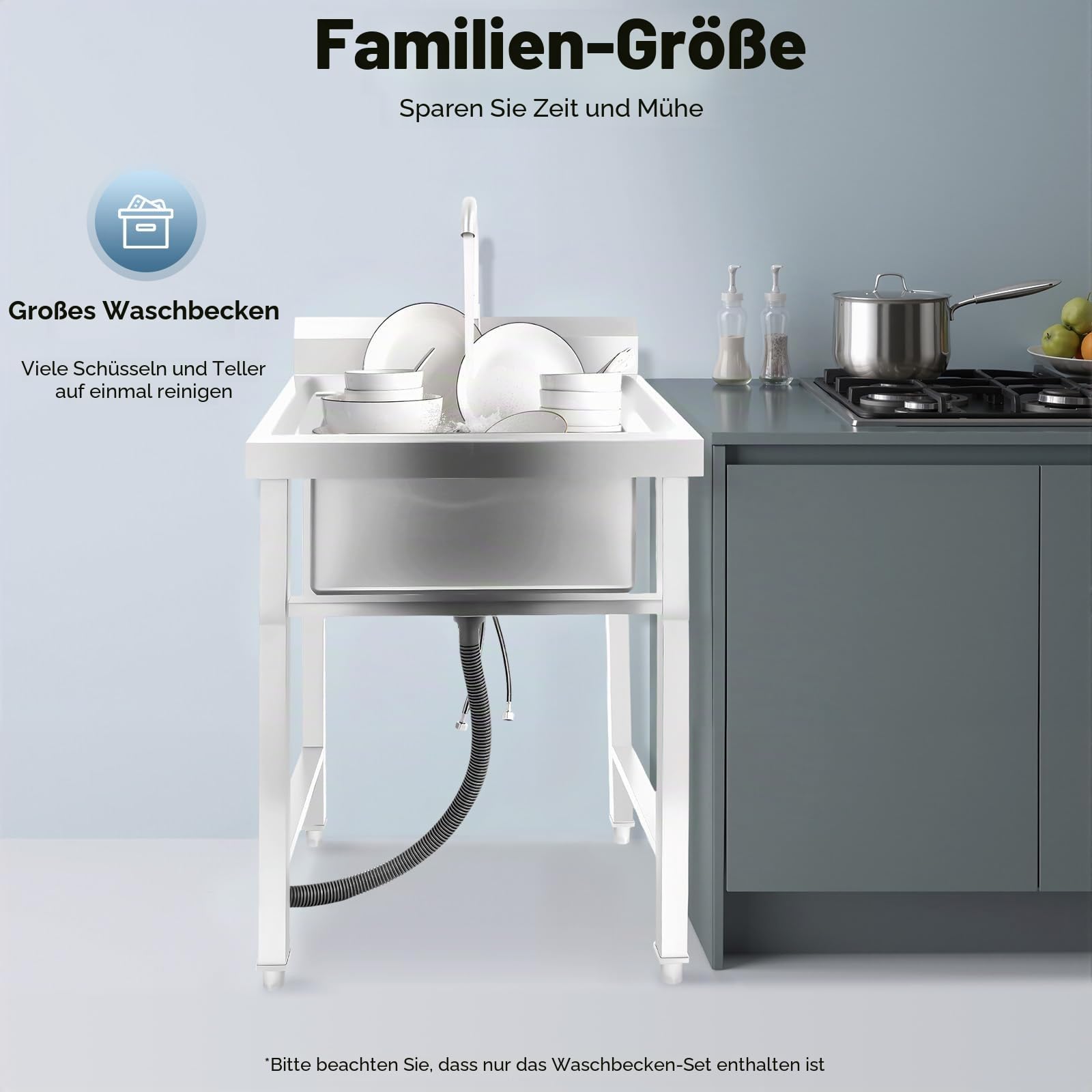 Freistehende Edelstahl Waschbecken 1 Becken Outdoor Spüle mit Kalten und Heißen Wasserhähnen und Anderem Zubehör Kommerzielle Restaurantspüle für Außen Innen Küche Restaurant 93 x 60 x 60cm