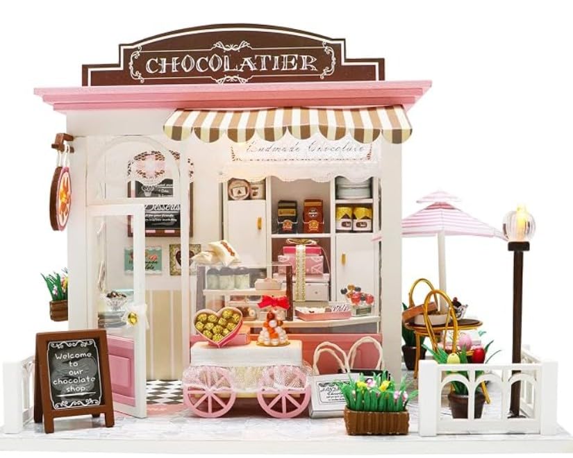 Chocolatier DIY Miniature House Kit with LED Light Book Nook, Wooden Chocolate Shop Dollhouse Craft Kit for Adults & Teens, 3D Miniature Model Gift & Home Decor 14+
