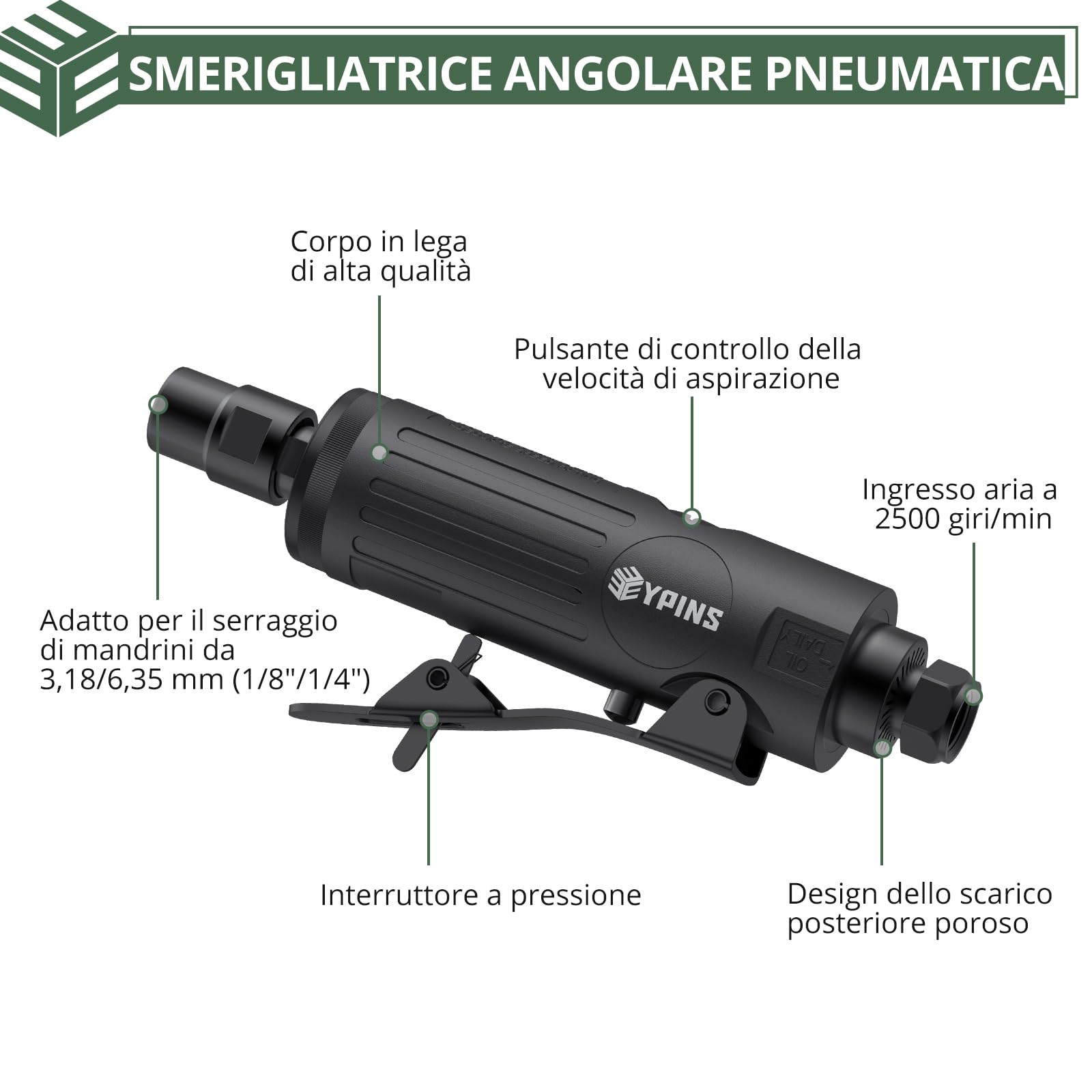 EYPINS Smerigliatrice Pneumatica Diritta,25000 rpm,Smerigliatrice Pneumatica Angolare Compressa con 1/4 "e 3/8" Mandrini,Adatta per Lucidatura,Sbavatura