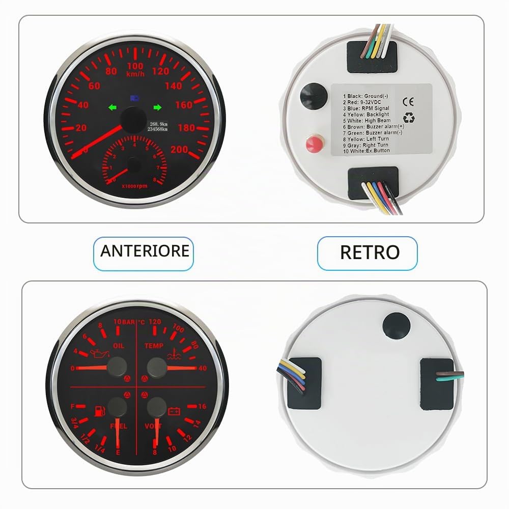 ELING Misuratore da 110 mm, 0-200 km/h, tachimetro GPS da 8000 giri/min, contagiri multifunzione 4 in 1, livello del carburante, pressione dell'olio, temperatura dell'acqua con retroilluminazione