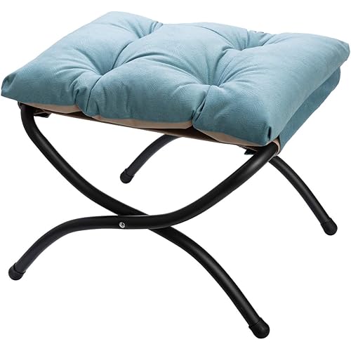 HollyHOME 15"(H) Folding Footrest Stool, Upholstered Small Foldable Ottoman, Accent Padded Sofa Foot Stool for Lazy Chair, Metal Frame Portable Foot Rest Ottoman for Home, Living Room, Bedroom, Blue
