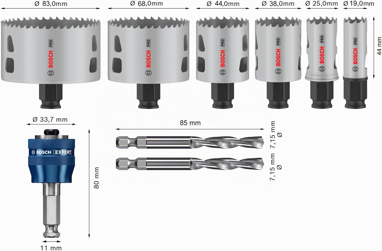 Bosch 9x PRO Multi Material Power Change Plus Hole Saw Set - Transparent Case (for Softwood, Drywall, Ø 19, 25, 38, 44, 68, 83 mm, Professional Accessory Rotary Drill/Drivers)