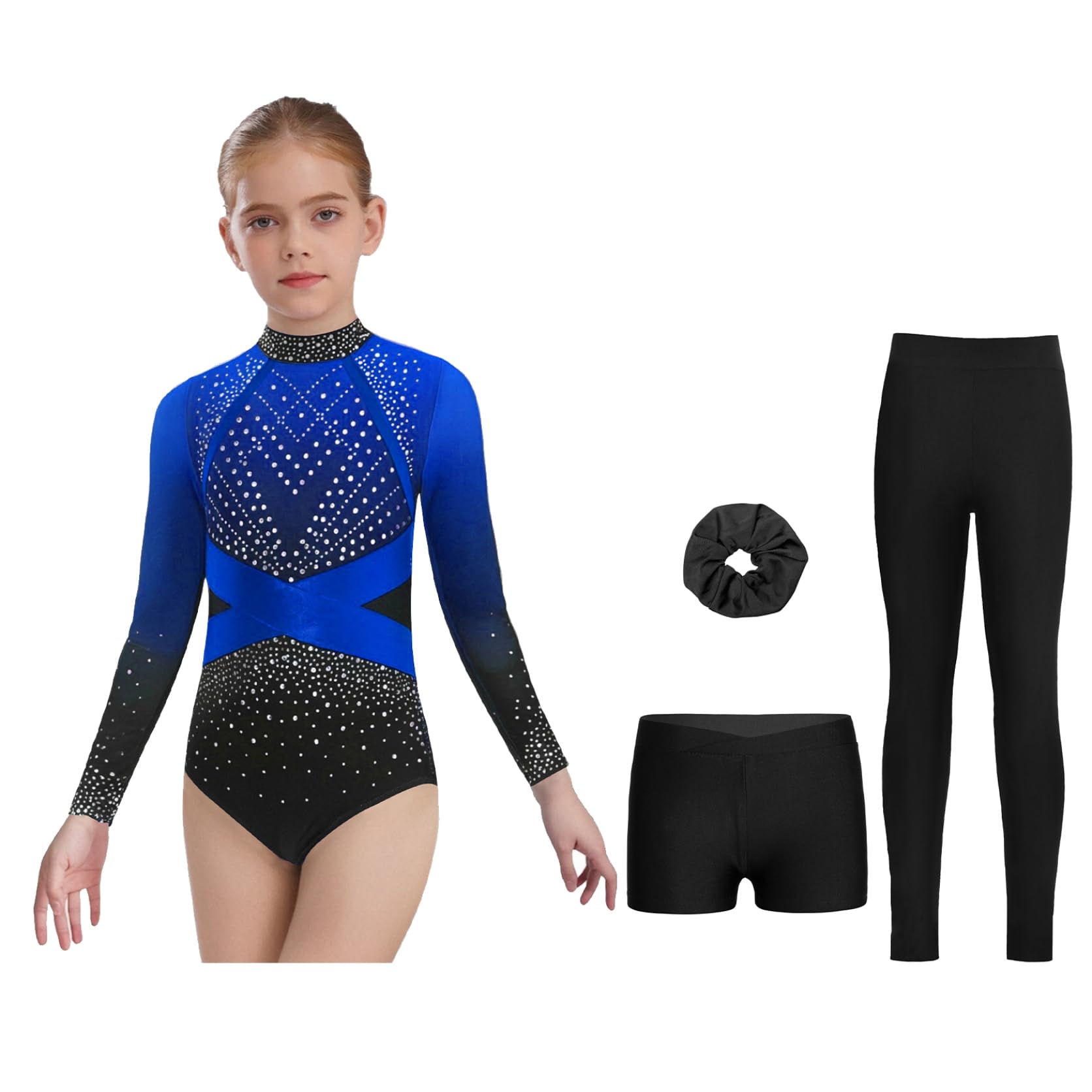 Mädchen Turnanzug Strass Körperanzug Langärmelig Leotard Mit Leggings Und Shorts Wettkampfanzug