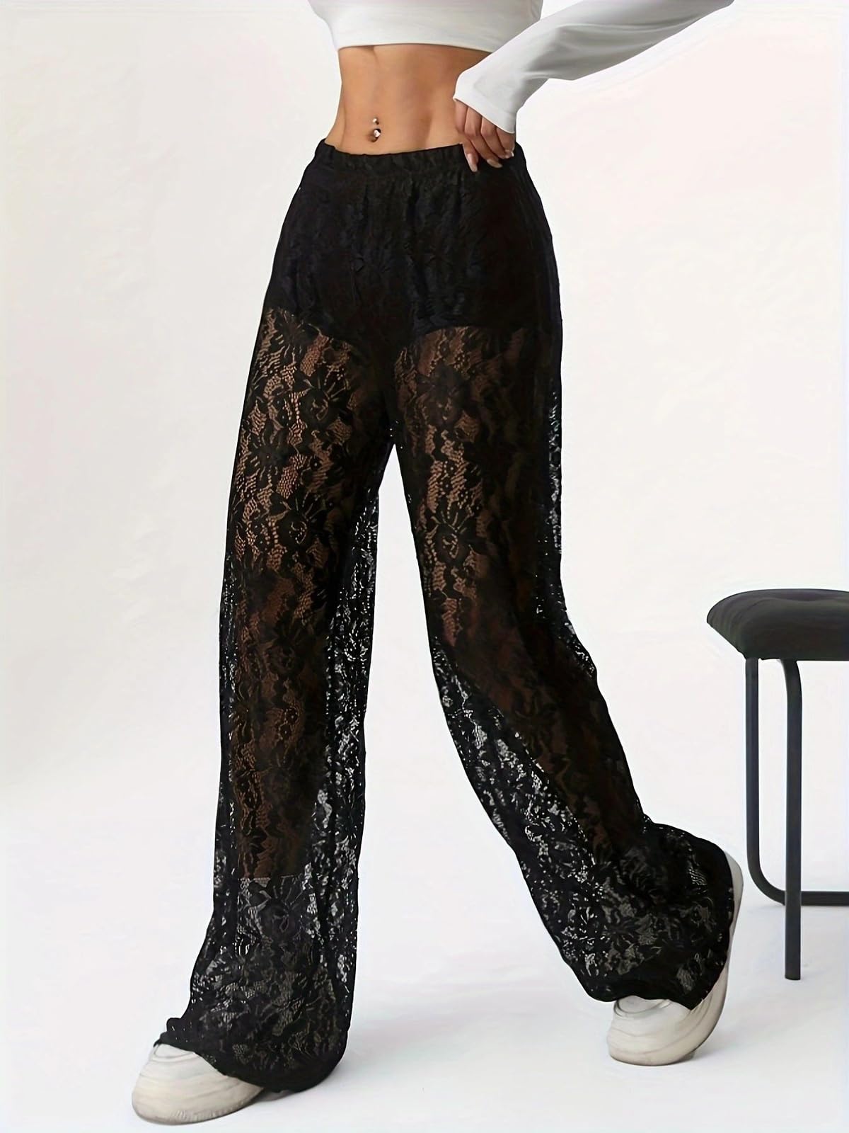 Générique Pantalon Chic en Dentelle Transparente pour Femme Taille Haute Coupe Flatteuse avec Doublure intérieure
