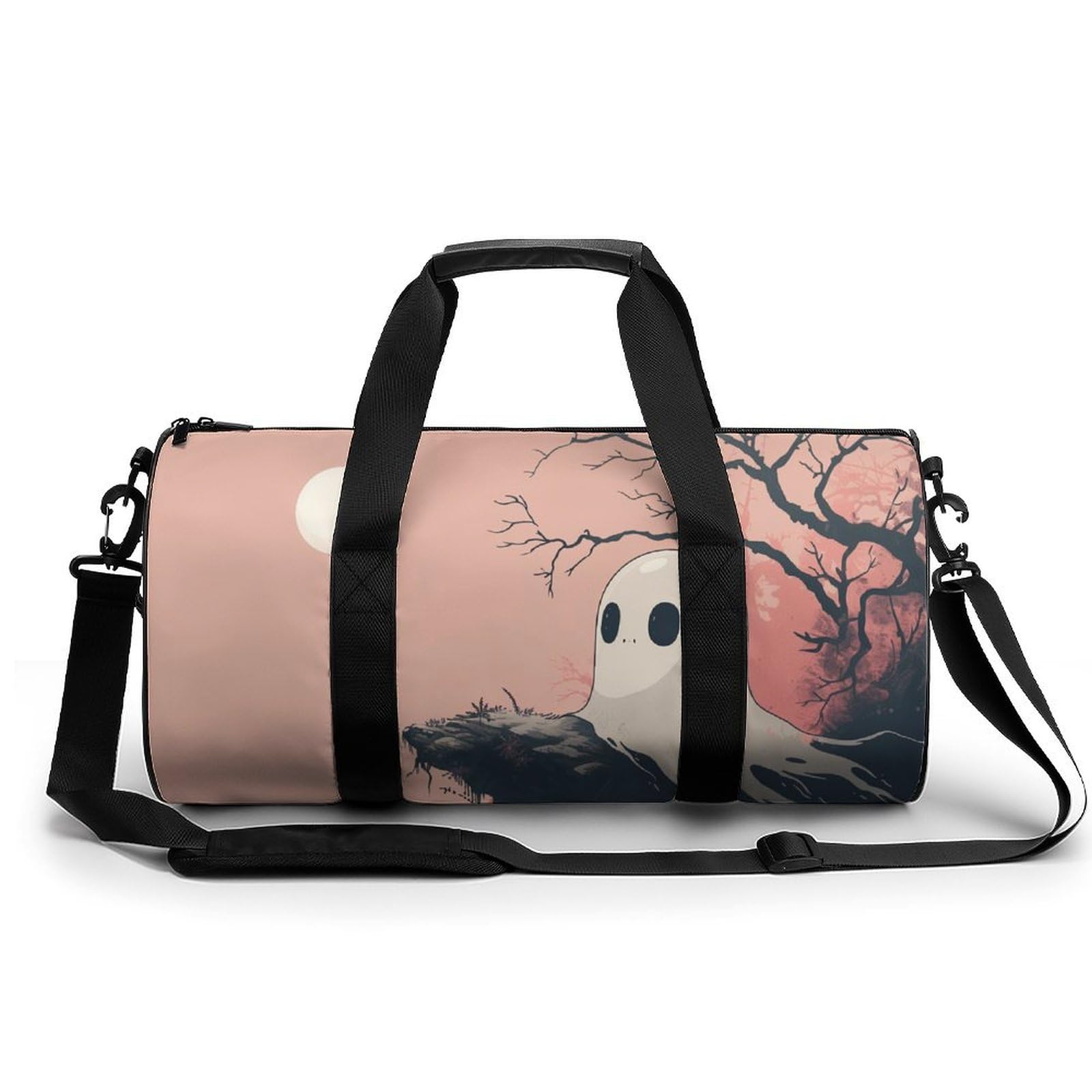 Cute Ghost Travel Gym Bag for Women Men Retro Minimalistic Cylindrical Duffle Bag Sport Workout Bag with Shoulder Strap