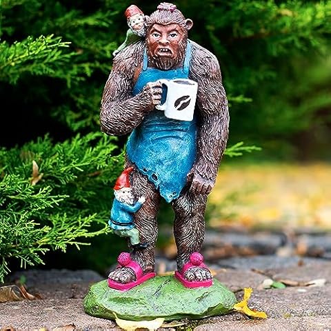 Bigfoot Statue 11 inch, Garden Gnomes Outdoor, Sasquatch Statue with Cup of Coffee for Outdoor Decor, Garden Statues Outdoor Clearance, Bigfoot Gifts, Sasquatch Gifts Cover