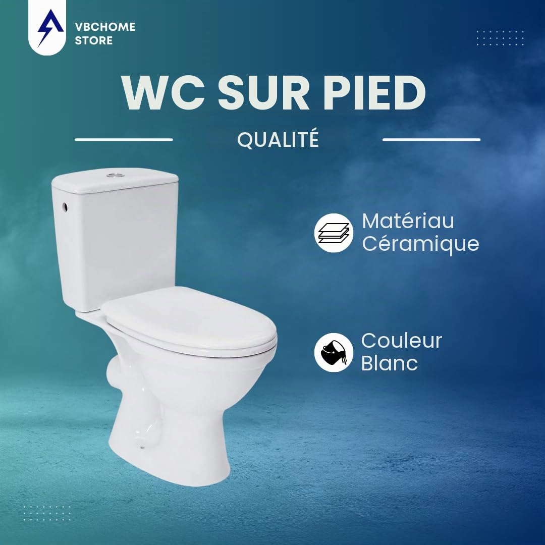 VBChome WC sur pied en céramique - Kit complet avec réservoir de chasse - Siège WC en polypropylène avec système d'abaissement automatique SoftClose pour sortie horizontale - Raccordement d'eau